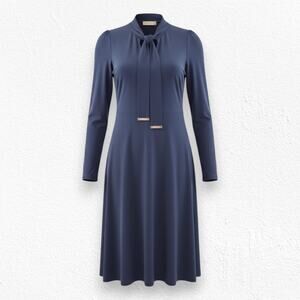 Michael Kors Navy Tie Neck Long Sleeve Shift Dress Size XS Minimalist Officecore